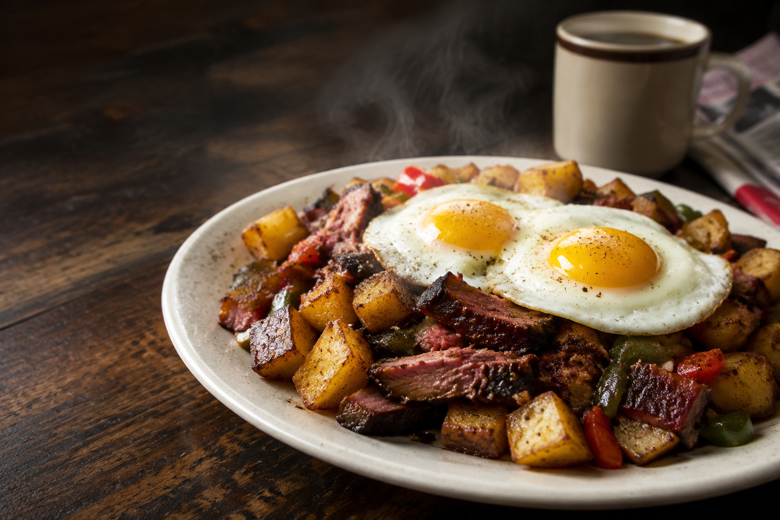 Brisket hash topped with sunny-side eggs